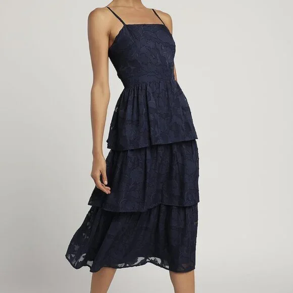 NWT Grace and Beauty Navy Blue Burnout Floral Print Tiered Dress - Picture 2 of 9